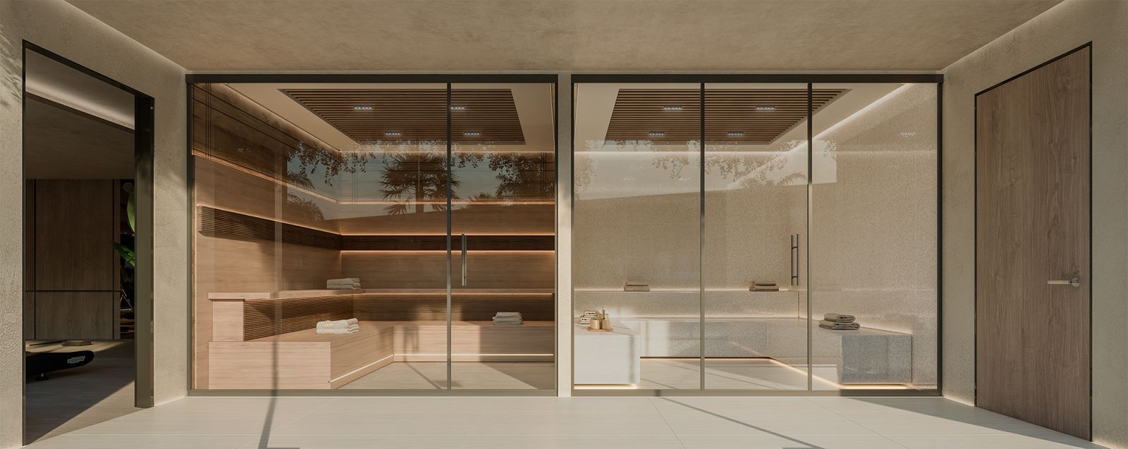 Luxe sauna en stoomcabine met glazen wanden.