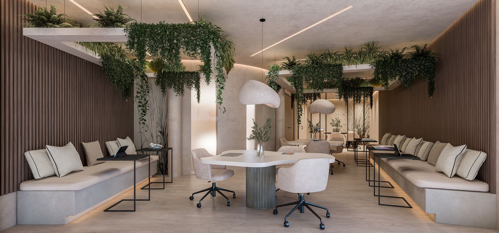 Modern kantoorruimte met veel groen en zitplaatsen bij Solaia Residence.